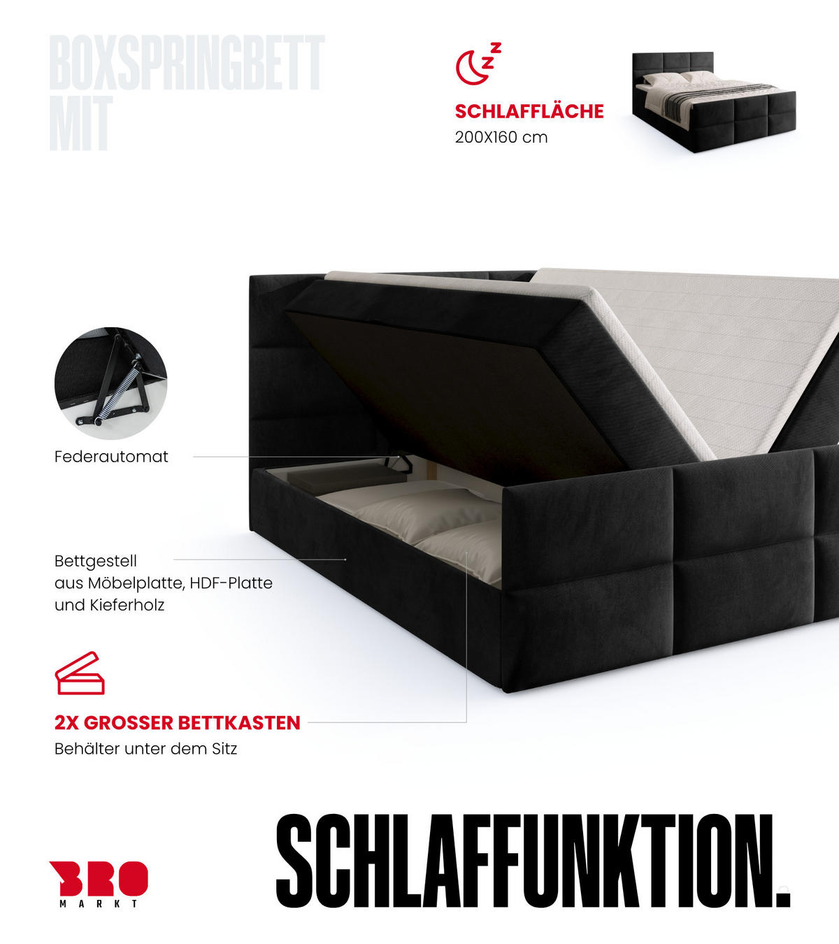 BOXSPRINGBETT Boston Duo Mit Bettkasten, Topper und Matratze Schwarz Kronos 07 160x200 cm - Schwarz, Textil (160/200cm) - Bromarkt