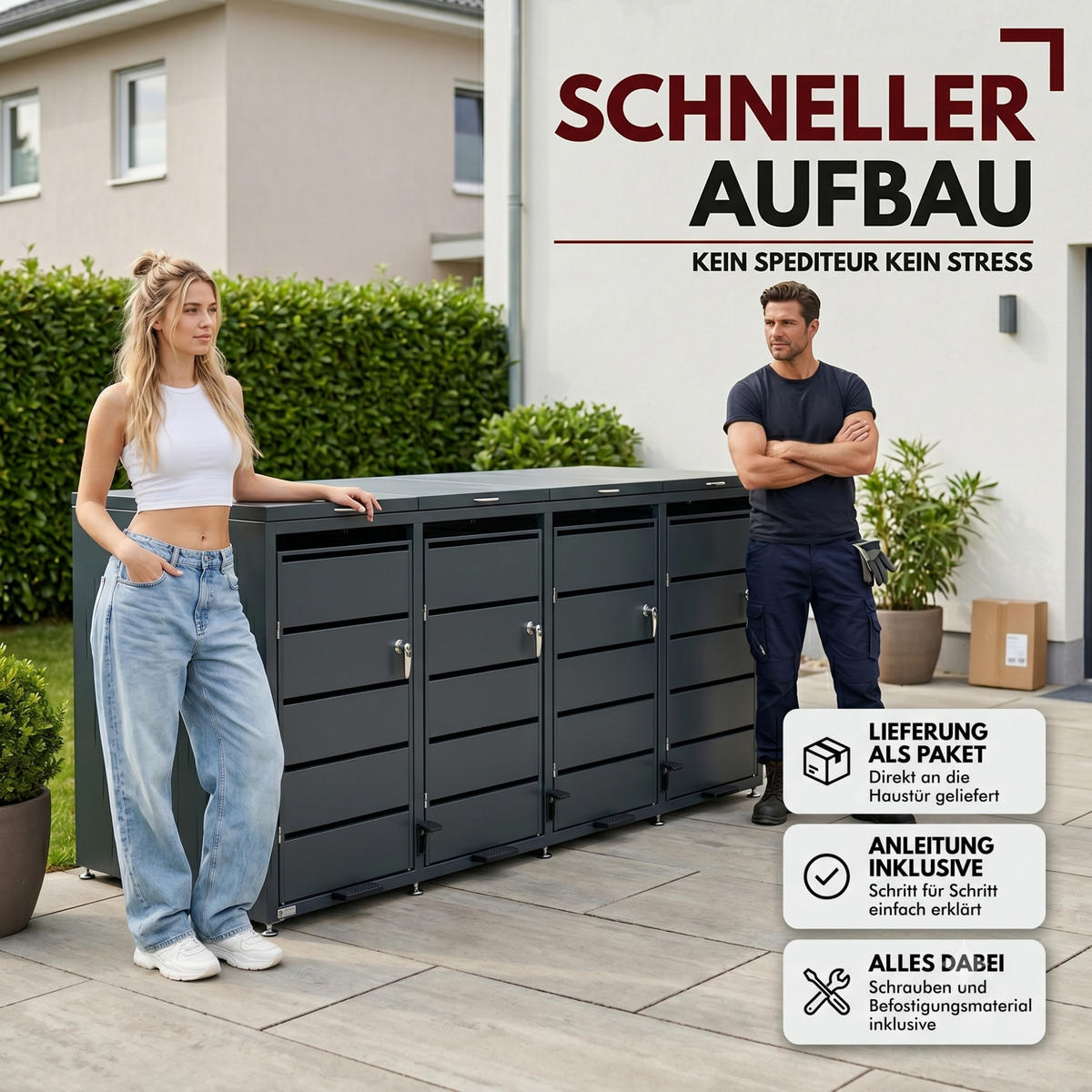 MÜLLTONNENBOX 4er mit Pedal - Anthrazit, Metall (286/116/80cm) - Albatros