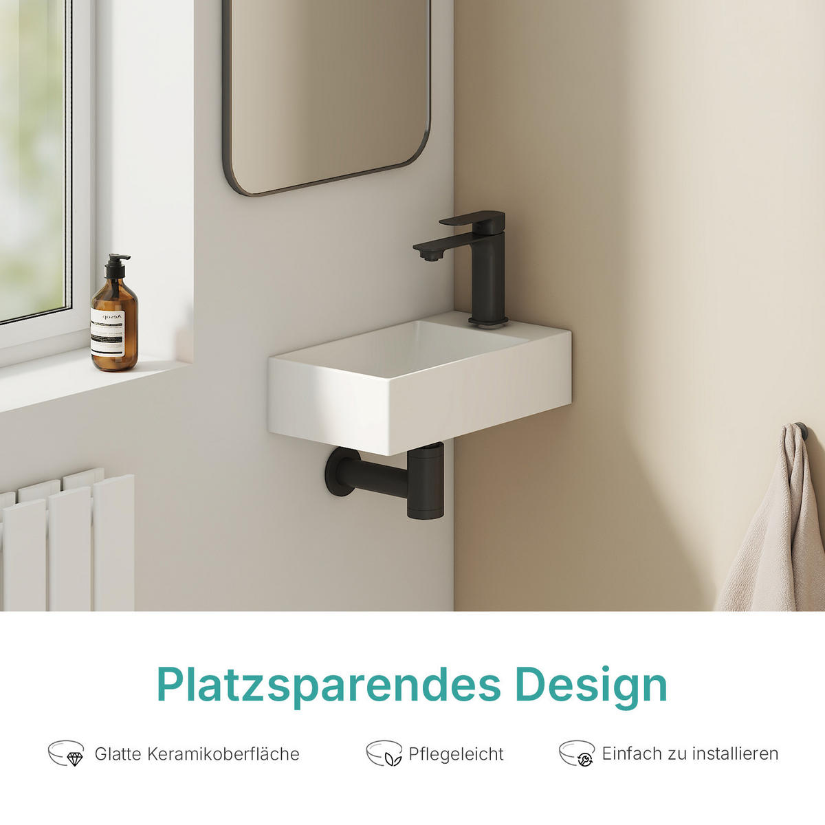 UMYVADLO na stěnu, s otvorem pro baterii vpravo, lesklá bílá, 37,7/21,8/9,9 cm - bílá, keramika (38/10/22cm) - EMKE