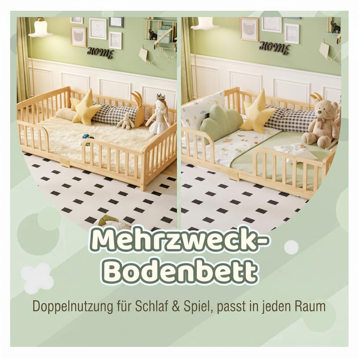 BODENBETT 140/200 cm DE-32892 mit Sicherheitsgeländer Natur - Naturfarben, Holz (140/200cm) - ComfortXL