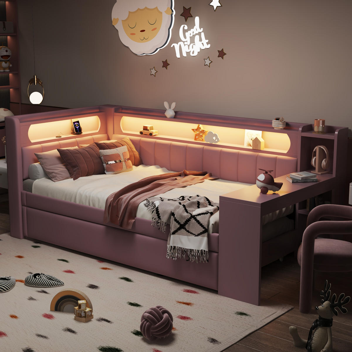 KINDERBETT 90x200cm, USB, LED, Ausziehbett, Schreibtisch, gepolstert, Rosa - Rosa, Holzwerkstoff (90/200cm)