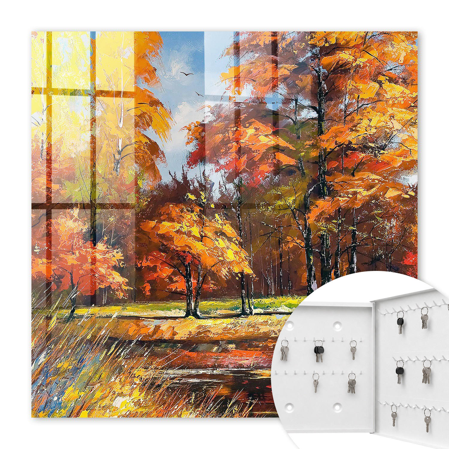 SCHLÜSSELBOX Weiß 30x30 cm – Türöffnung nach rechts - Herbstlandschaft - Orange, Metall (30/30/5cm) - TULUP