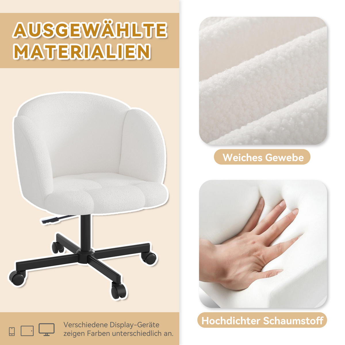 DREHSTUHL Teddy höhenverstellbar 44–54 cm, 360° drehbar 66/64/87 cm Beige - Beige, Textil (64/87/66cm) - Redom