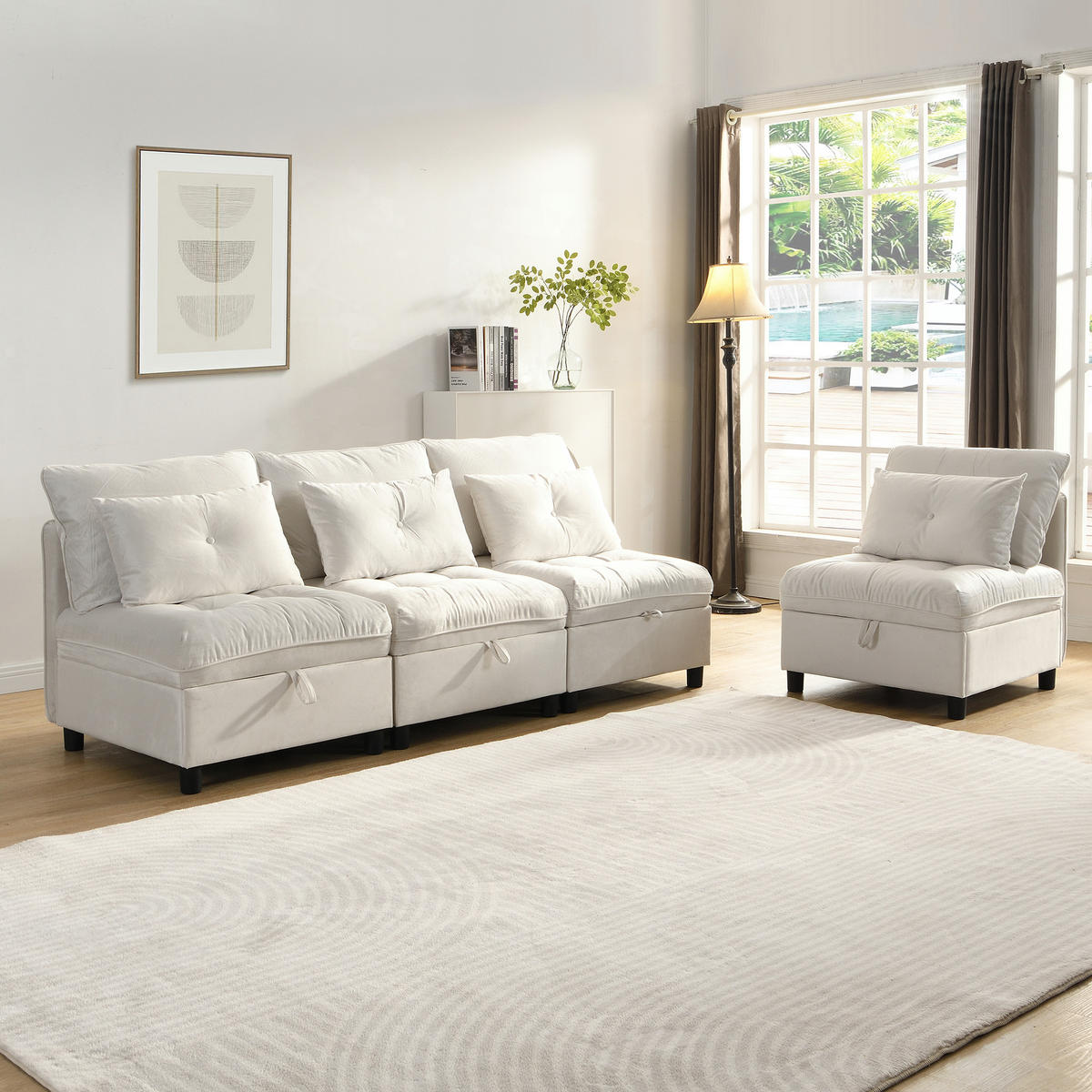 SOFA 4-Sitzer modulare Kombination mit Schlaffunktion Chenille Beige - Beige, Kunststoff (274/87/76cm) - OKWISH