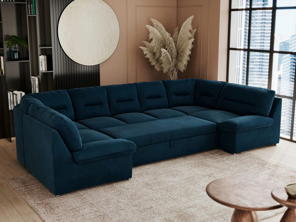 WOHNLANDSCHAFT COMODO U Dunkelblau Velvet - Silberfarben/Dunkelblau, Textil/Metall (340/93/206cm) - MKS