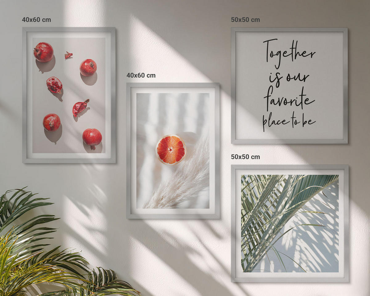 BILDER SET 4er Set - 50x50 cm & 40x60 cm Silberner Rahmen - Feiertags-Palmenfrucht-Inschrift - Silberfarben, Kunststoff (50/50cm) - TULUP
