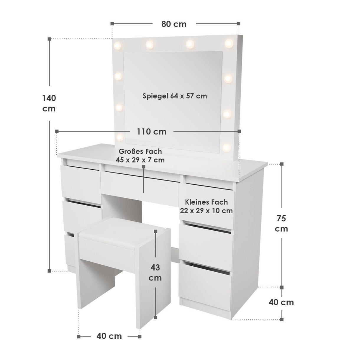 SCHMINKTISCH Talea mit LED (3 Lichtstufen) inkl Hocker Melly - Weiß, Holz (110/141/40cm) - Juskys