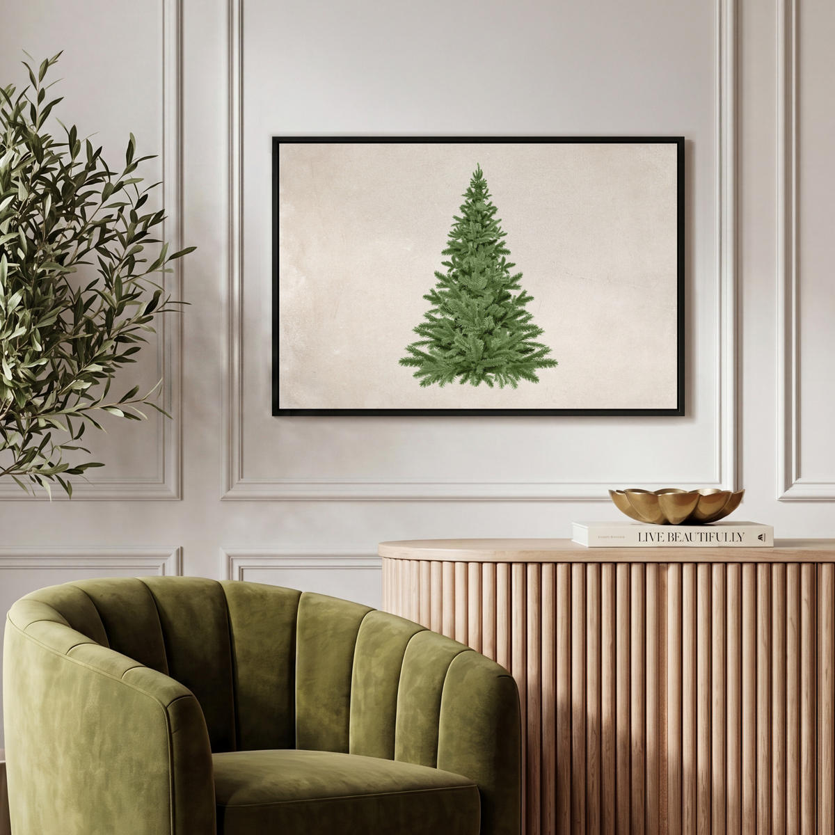 LEINWAND Bilder mit Rahmen - Weihnachtsbaum - Grün - Weihnachten - Feiertage - 60x40 - Olivgrün, Textil (60/40cm) - MuchoWow