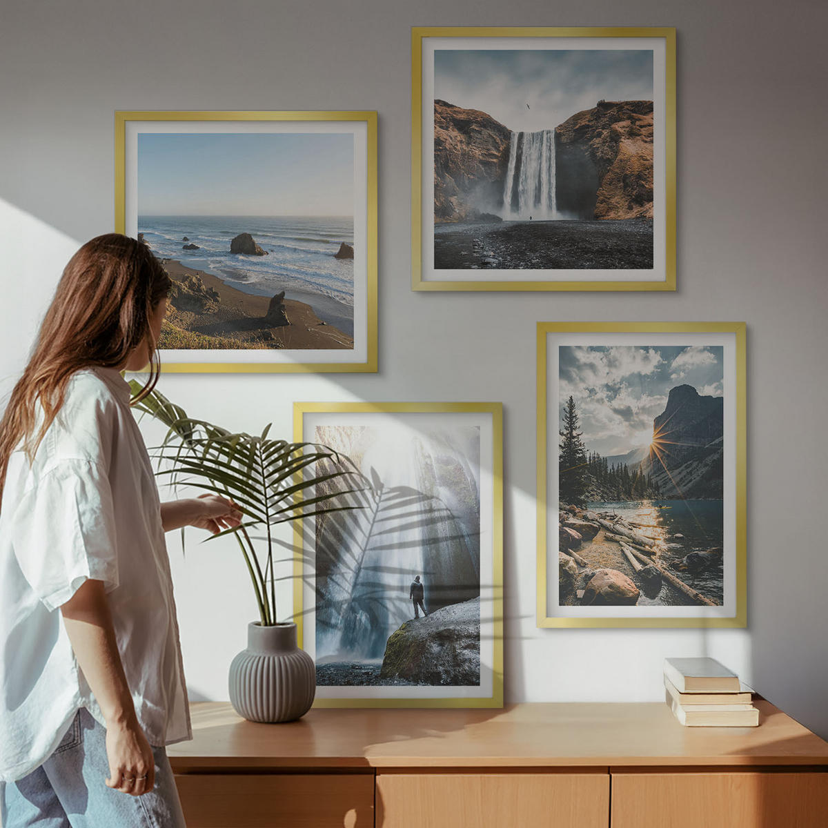 WANDBILDER 4er Set - 50x50 cm & 40x60 cm Goldrahmen - Wasserfälle, Berge, Landschaften, Natur - Goldfarben, Kunststoff (50/50cm) - ArtPrintCave