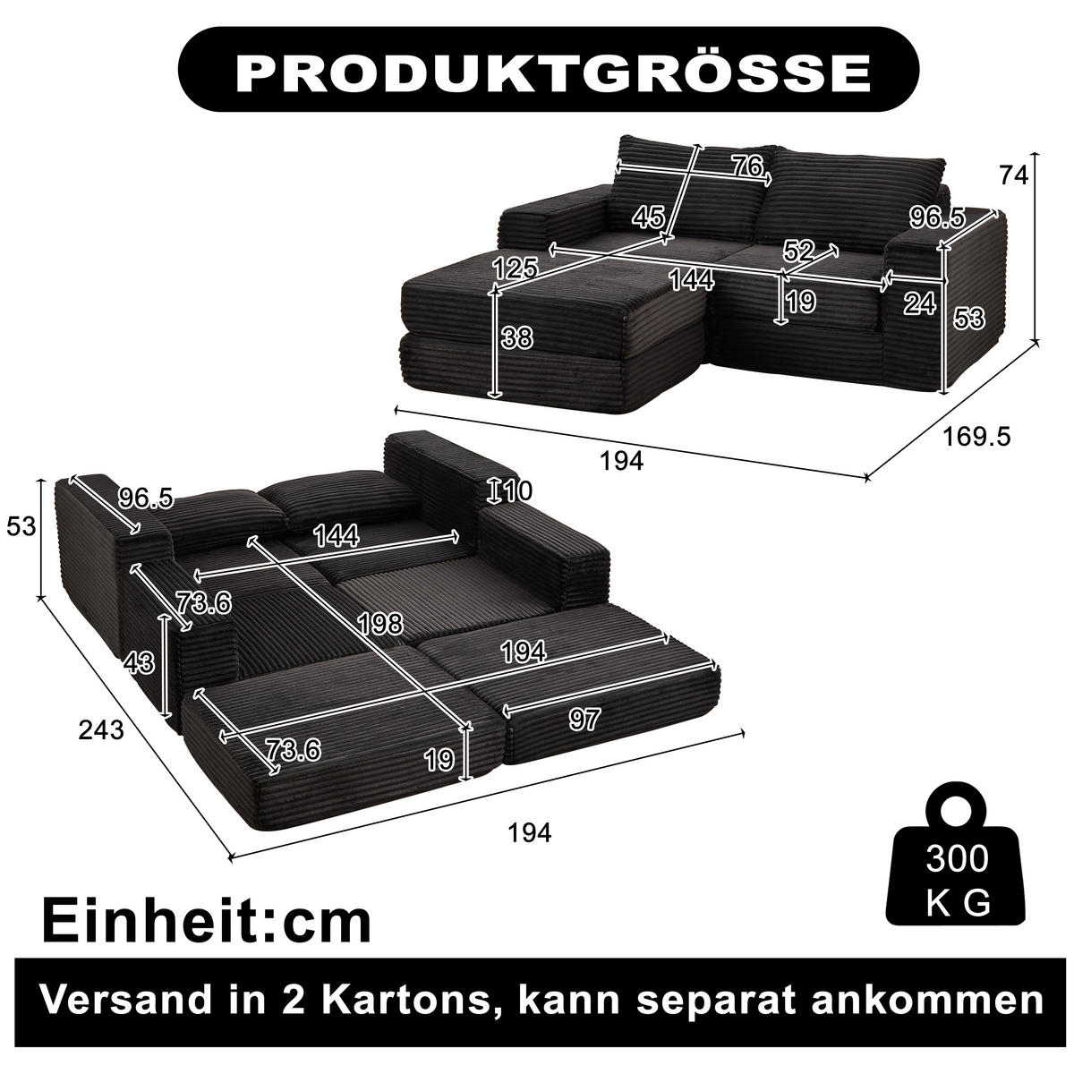 ECKSOFA DE-34544 2-in-1 mit Fußstütze und Kissen Schwarz - Schwarz, Textil (169.5/194cm) - ComfortXL