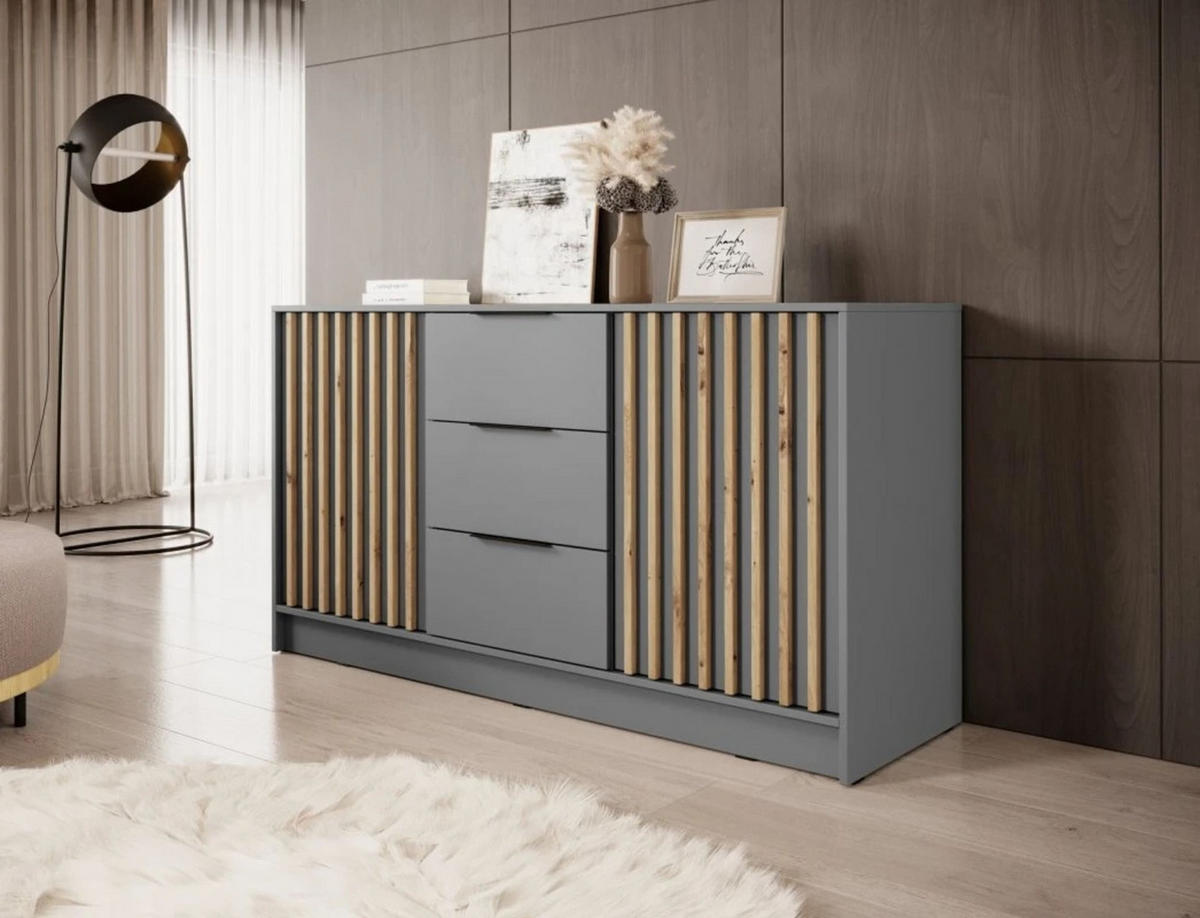 KOMMODE - JOHN 3D Gris - Weiß, Holzwerkstoff (155/86/45cm)