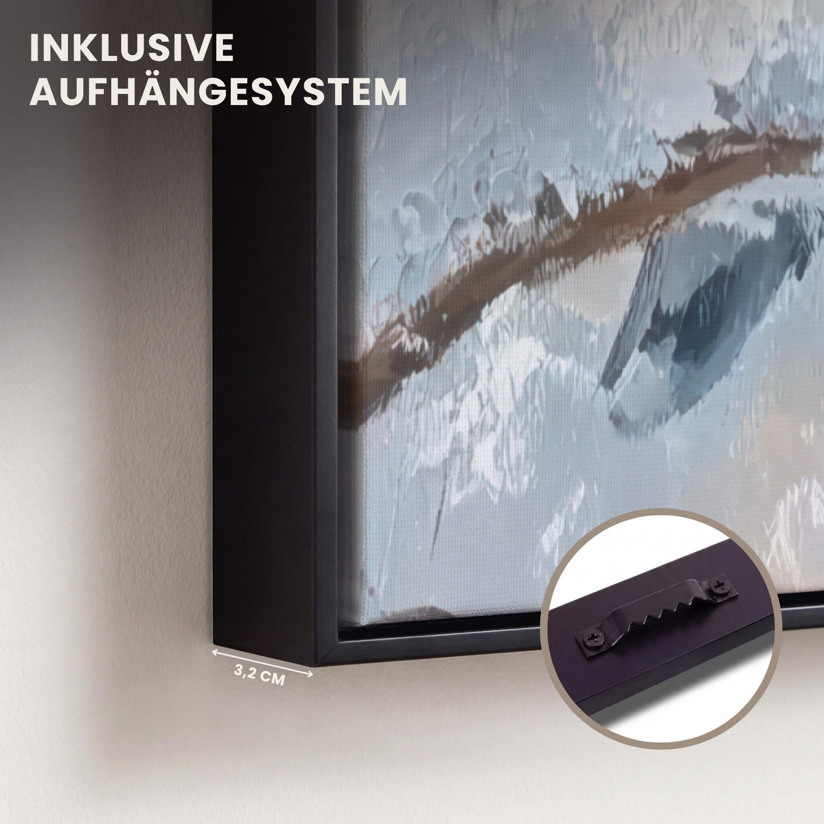 LEINWAND Bilder mit Rahmen - Vögel - Zweig - Winter - Schnee - 90x90 - Pastellblau, Textil (90/90cm) - MuchoWow