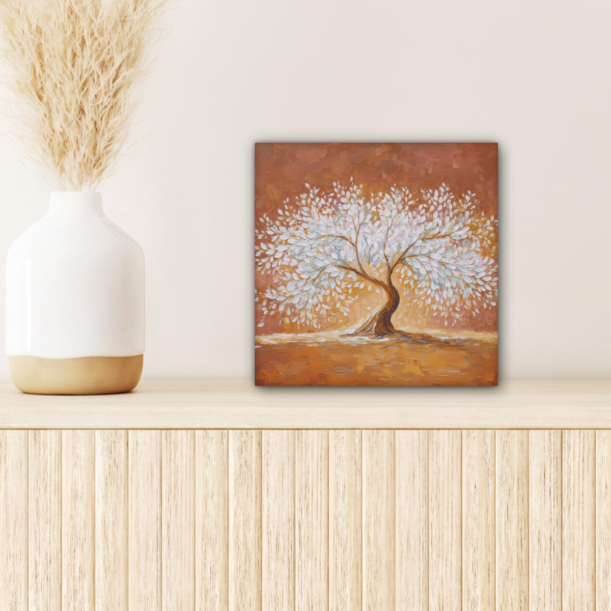 LEINWANDBILD Abstrakt - Baum - Weiß - Blätter Deko Wohnzimmer 20x20 cm - Braun, Textil (20/20cm) - MuchoWow