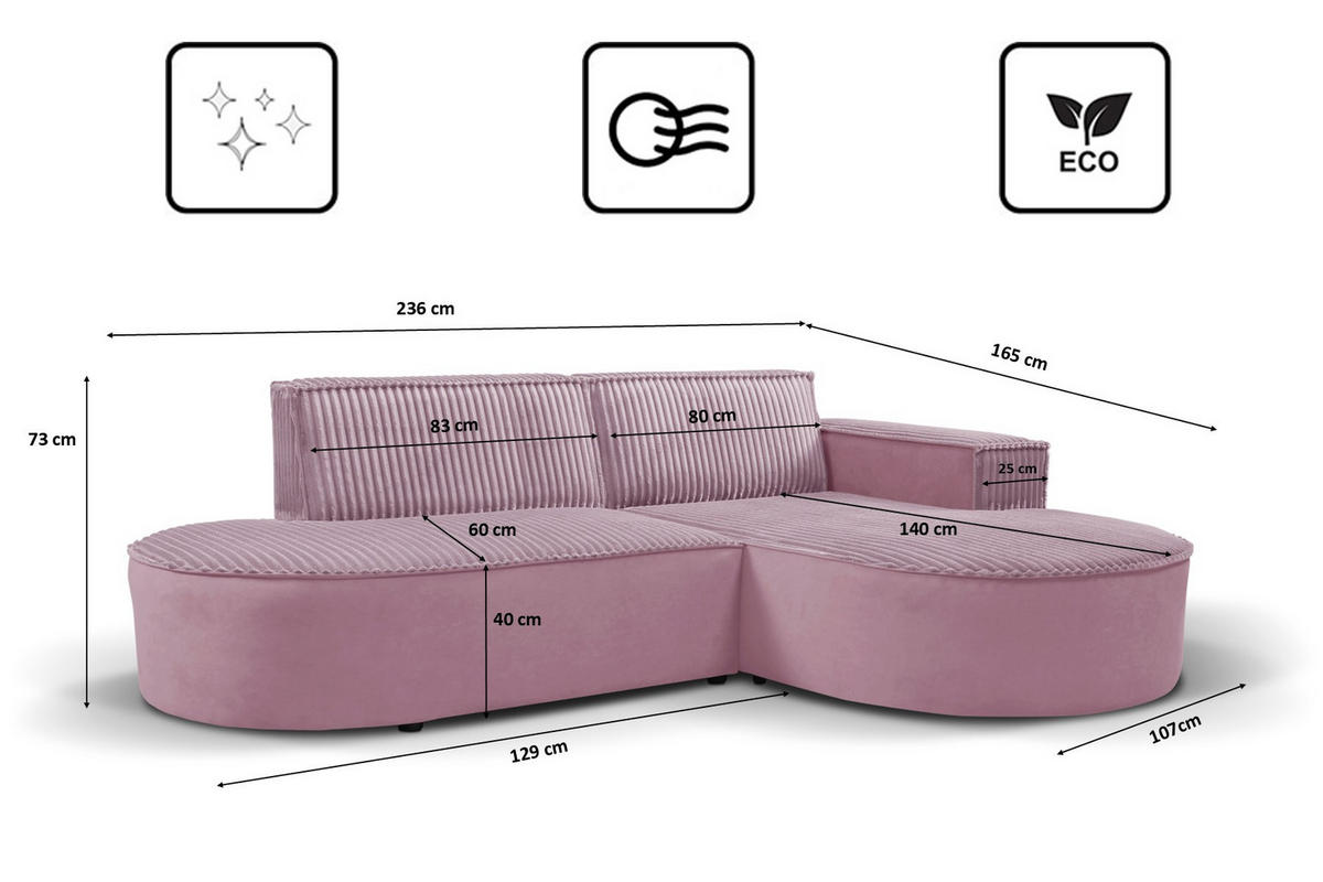 ECKSOFA L-förmiges Modena Soft Rosa Rechts - Rosa, Holz (236/165cm) - Kaiser Möbel