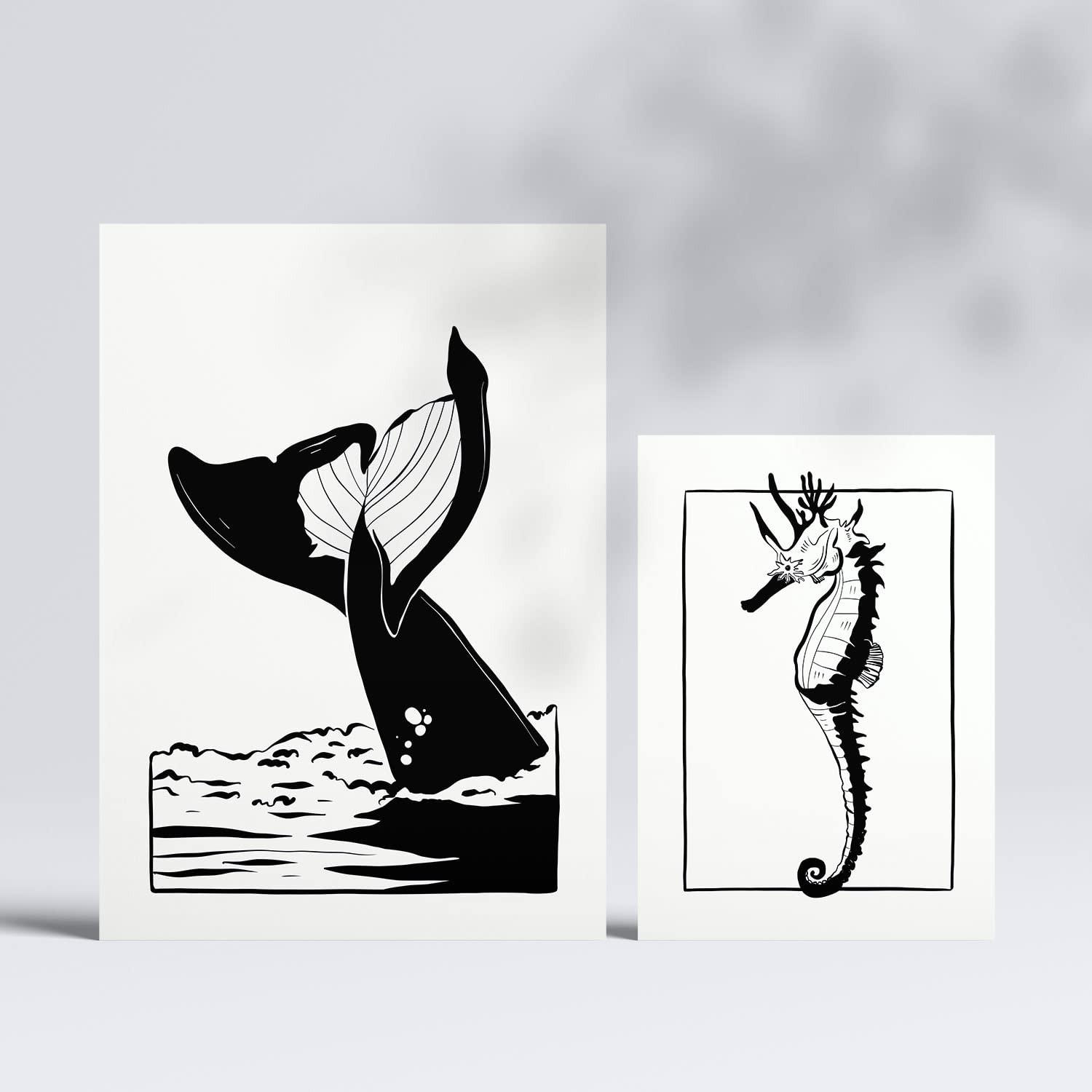 POSTER Set Mit 6 In Schwarzer Tinte Stachelrochen Und Wal A3 & A4 Rahmenlos - Klar, Papier (29/3cm) - Nacnic