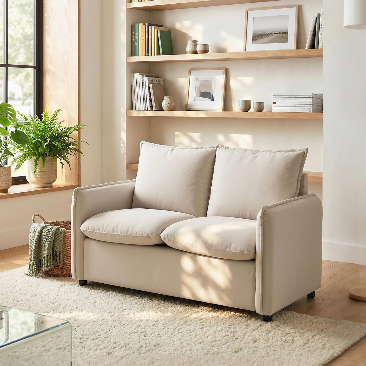 SOFA, 2-Sitzer, Lederoptik, dicke Polsterung, 2 Kissen, Armlehnen, creme - Multicolor, Holzwerkstoff (131/80/73cm) - FORIOUS