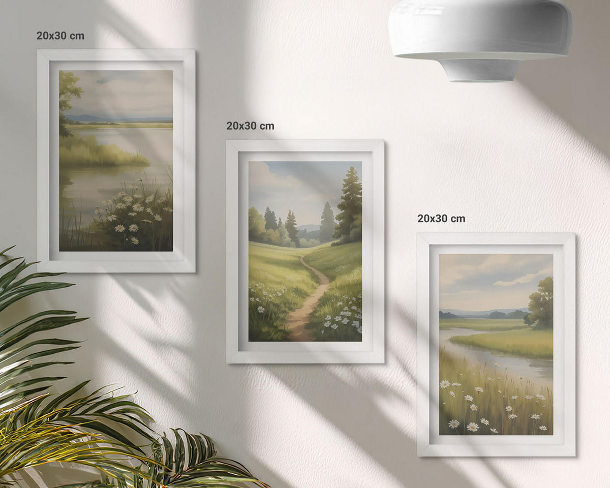 BILDER SET 3er Set - 20x30 cm Weißer Rahmen - Frühlingslandschaft Flusswiese - Weiß, Kunststoff (20/30cm) - TULUP