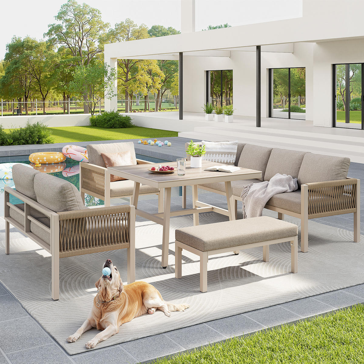 GARTENSETS aus Stahl 118x61x80cm Beige mit Glastisch & 8 cm Polstern - Beige, Metall - Modfu