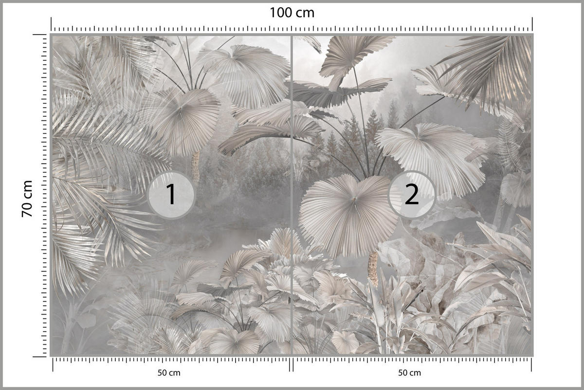 FOTOTAPETE für Wohnzimmer Tropische Blätter Dschungel Palmen Grau 100x70 - Beige/Grau, Papier (100/70cm) - Muralo