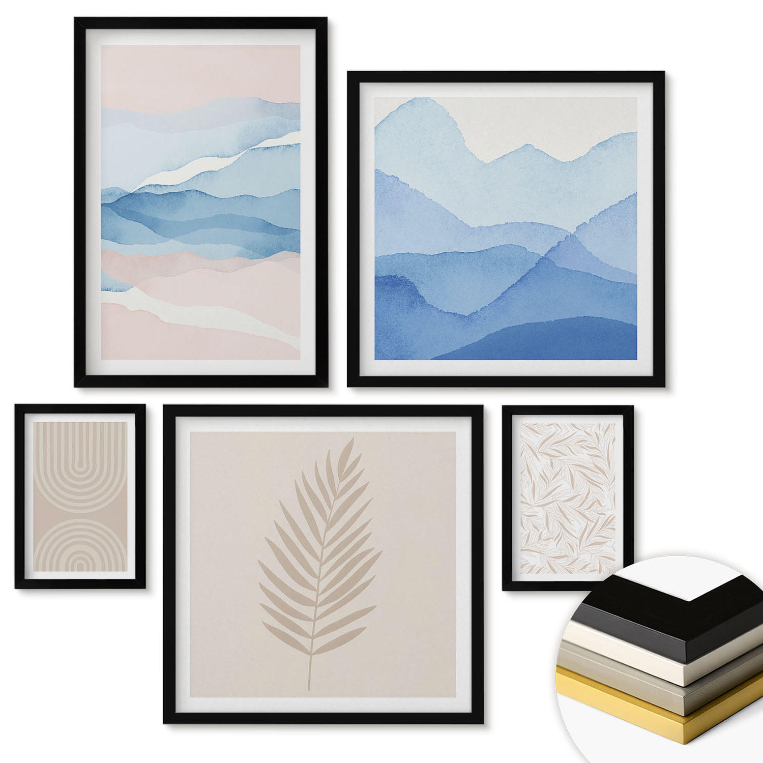 WANDBILDER 5er-Set - 50x50 cm & 20x30 cm & 40x60 cm Schwarzer Rahmen - Blätterwellen beige blau - Schwarz, Kunststoff (40/60cm) - ArtPrintCave