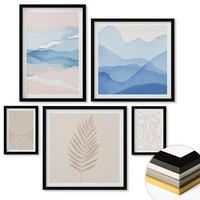 WANDBILDER 5er-Set - 50x50 cm & 20x30 cm & 40x60 cm Schwarzer Rahmen - Blätterwellen beige blau - Schwarz, Kunststoff (40/60cm) - ArtPrintCave