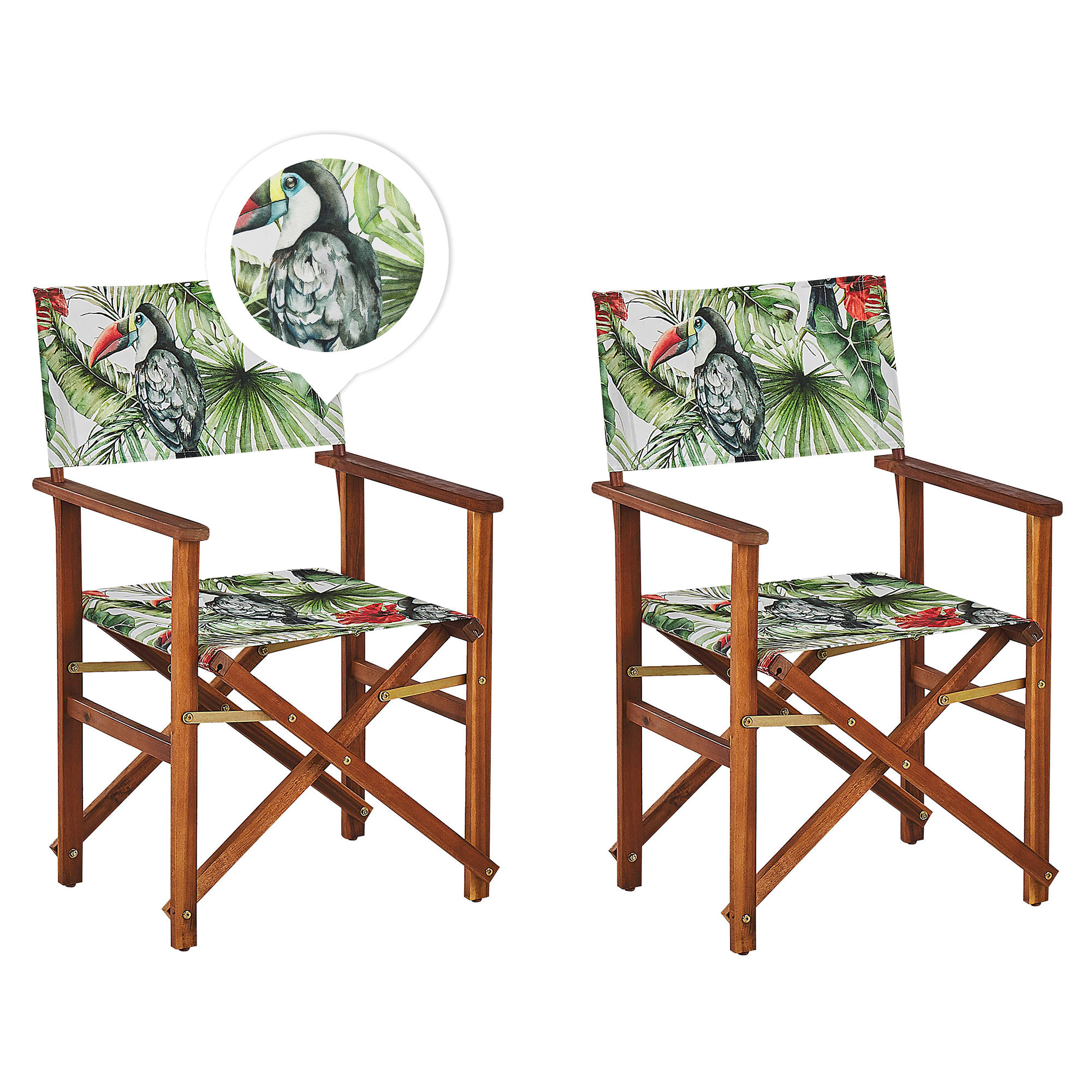 GARTENSTUHL 2er-Set Akazienholz dunkelbraun Auflagen grau/bunt Tukanmotiv Cine - Dunkelbraun/Multicolor, Holz (50/91/50cm) - Beliani