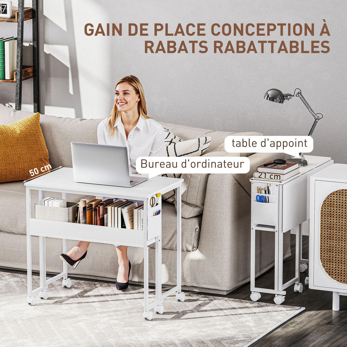 SCHREIBTISCH Weiß klappbar mit Rollen und Ablagefach 80/50/75 cm - Weiß, Holzwerkstoff (50/80/75cm) - PANGIVO
