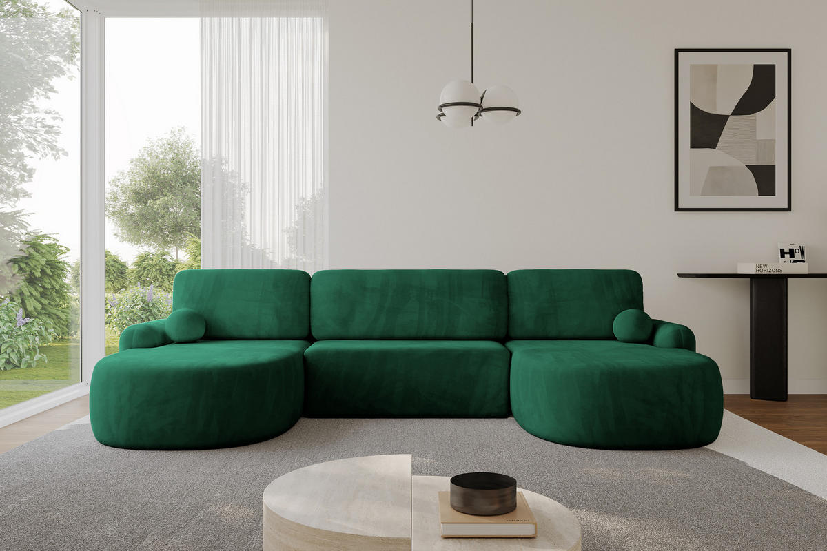 WOHNLANDSCHAFT mit Schlaffunktion und Bettkasten LIRA-U - 335x172x89 Grün - Grün, Holzwerkstoff/Textil (335/89/172cm) - ALTDECOR
