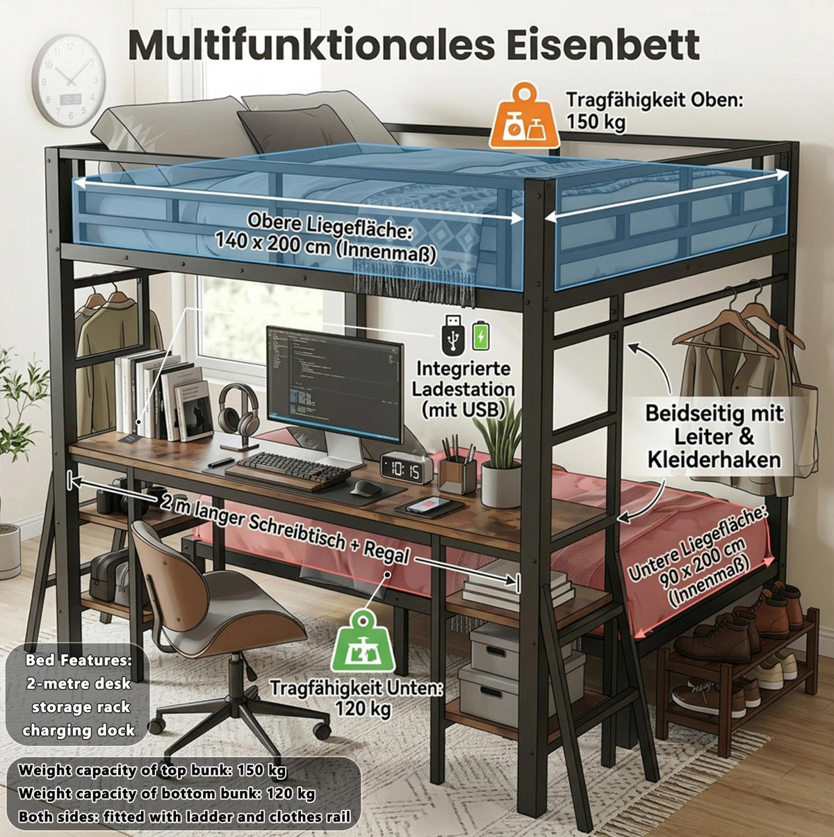 ETAGENBETT aus Metall 140x200/90x200 cm Schwarz/Vintage mit Schreibtisch, Kleiderstange und Ladestation - Schwarz, Metall (140/200cm) - Modfu