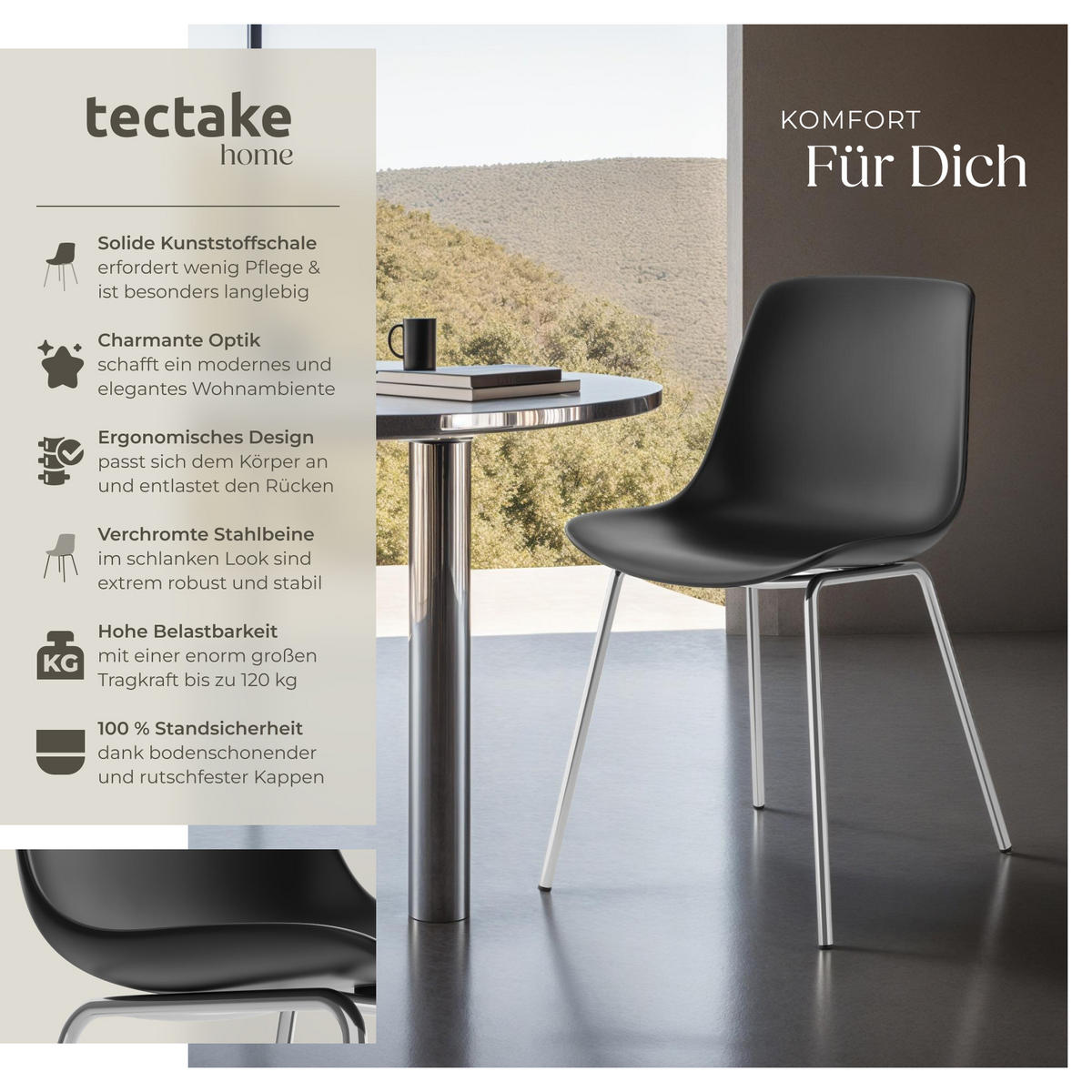 KUNSTSTOFFSTUHL 6er Set Mave 46 x 55 x 80 5 cm schwarz/chrom - Schwarz, Textil (46/80.5/55cm) - tectake