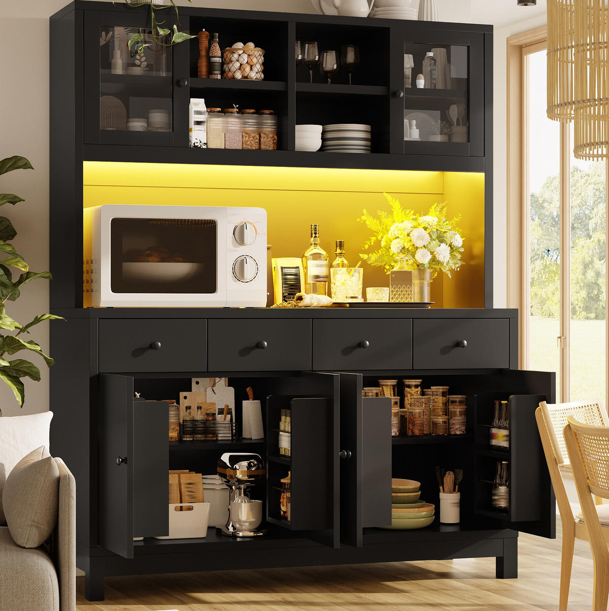 BUFFETSCHRANK aus MDF 140x38,5x180 cm Schwarz mit RGB-LED, Glastüren und 4 Schubladen - Schwarz, Holzwerkstoff (140/180/38.5cm) - IVMEU