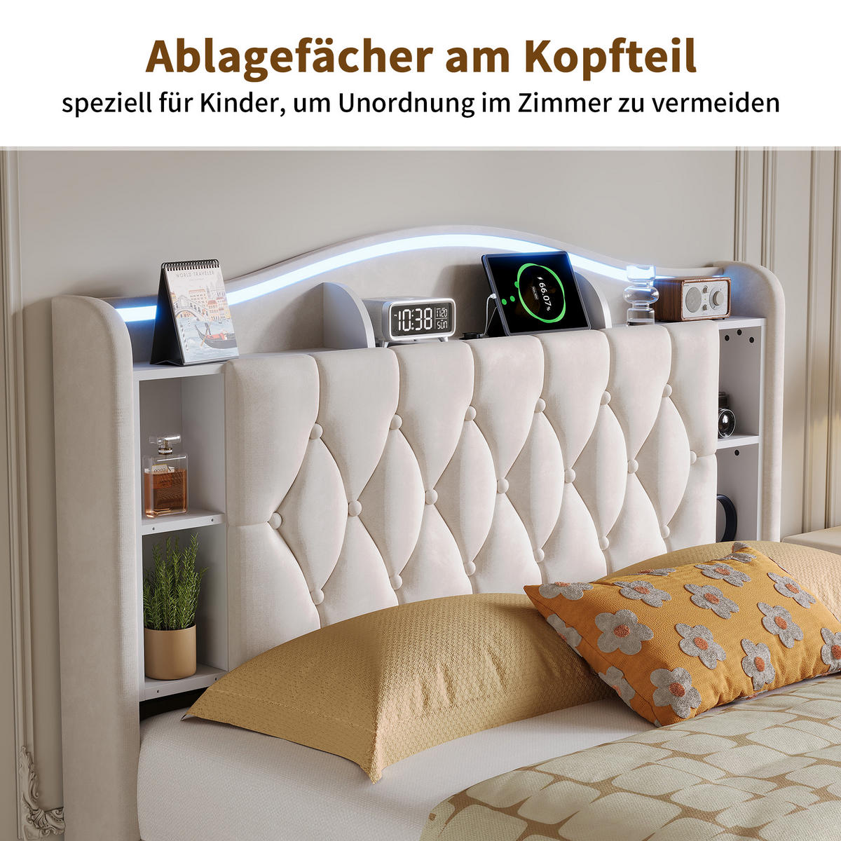 POLSTERBETT 140x200 cm mit Bettkasten, LED & USB, Doppelbett mit Kopfteil Stauraum und kabellosem Laden, Beige - Beige, Metall (140/200cm) - EuroLiving