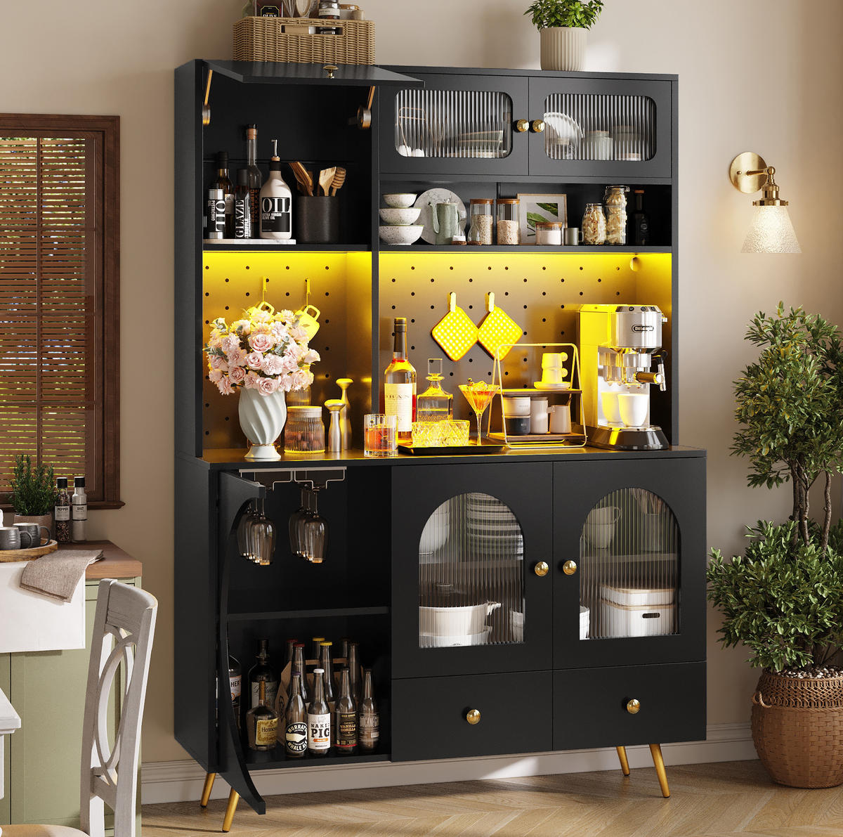 ANRICHTE 120/40/176 cm in Schwarz mit LED-Beleuchtung und USB-Anschlüssen - Schwarz, Holzwerkstoff (120/176/40cm) - Flora Grace