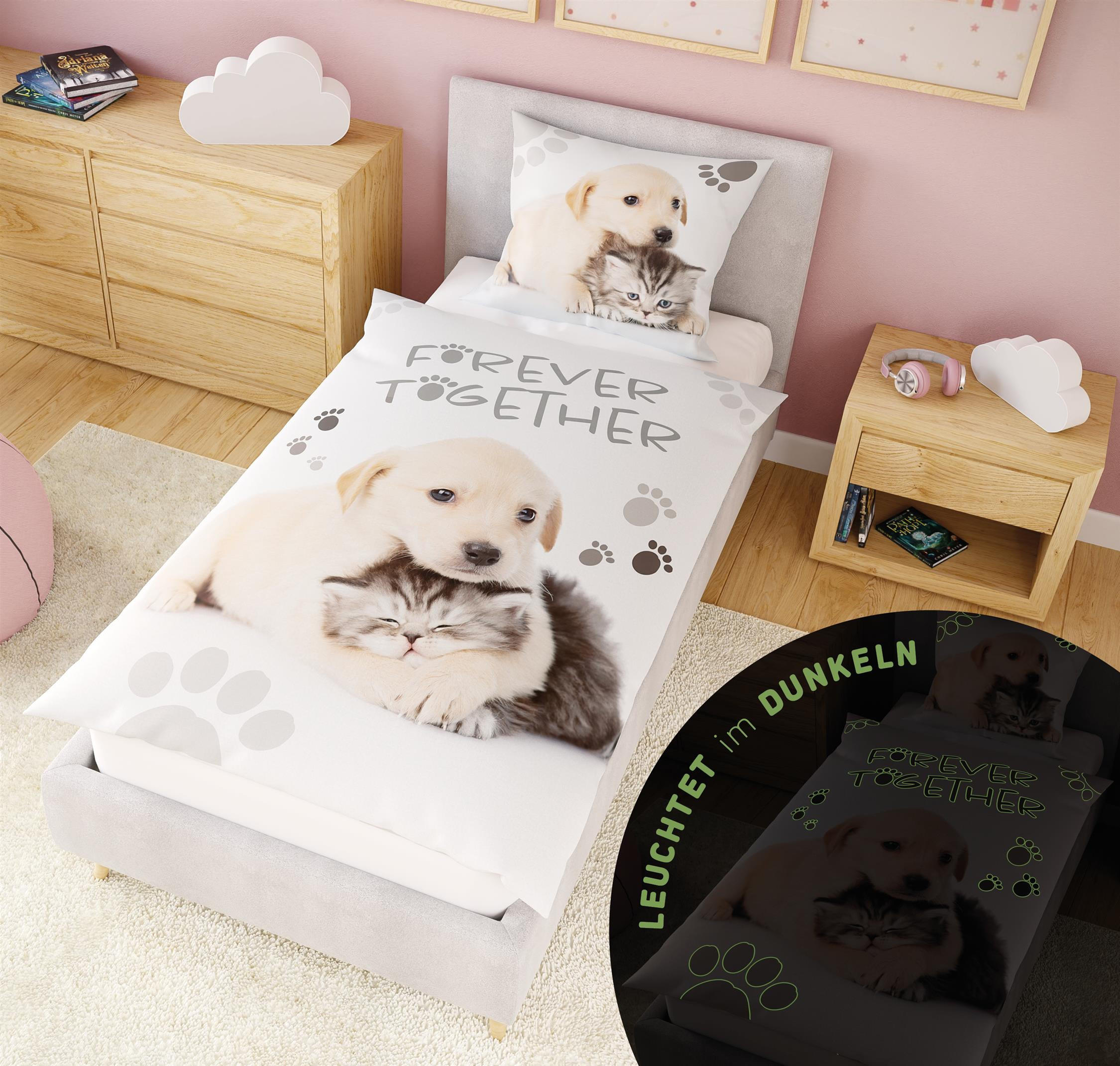 KINDERBETTWÄSCHE 135x200 cm Hund Katze Tiere aus 100% Baumwolle - Leuchtet um Dunkeln - Multicolor/Creme, Textil (135/200cm) - Carpe Sonno