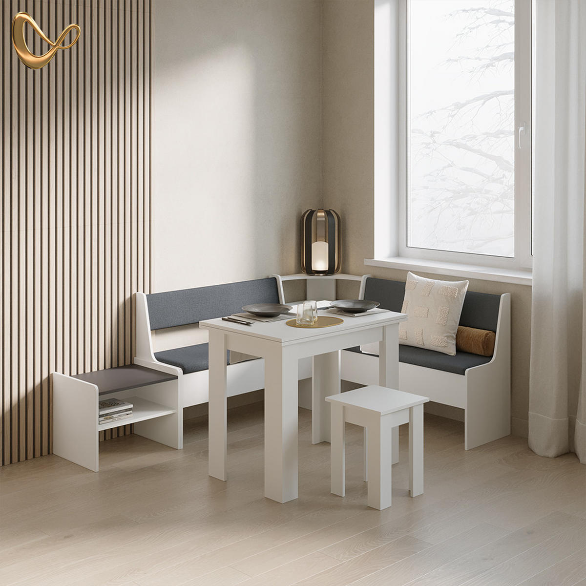 ECKBANKGRUPPE Tiberio Weiß 150 x 150 cm mit Tisch - Weiß, Holzwerkstoff (150/80/150cm) - Livinity®