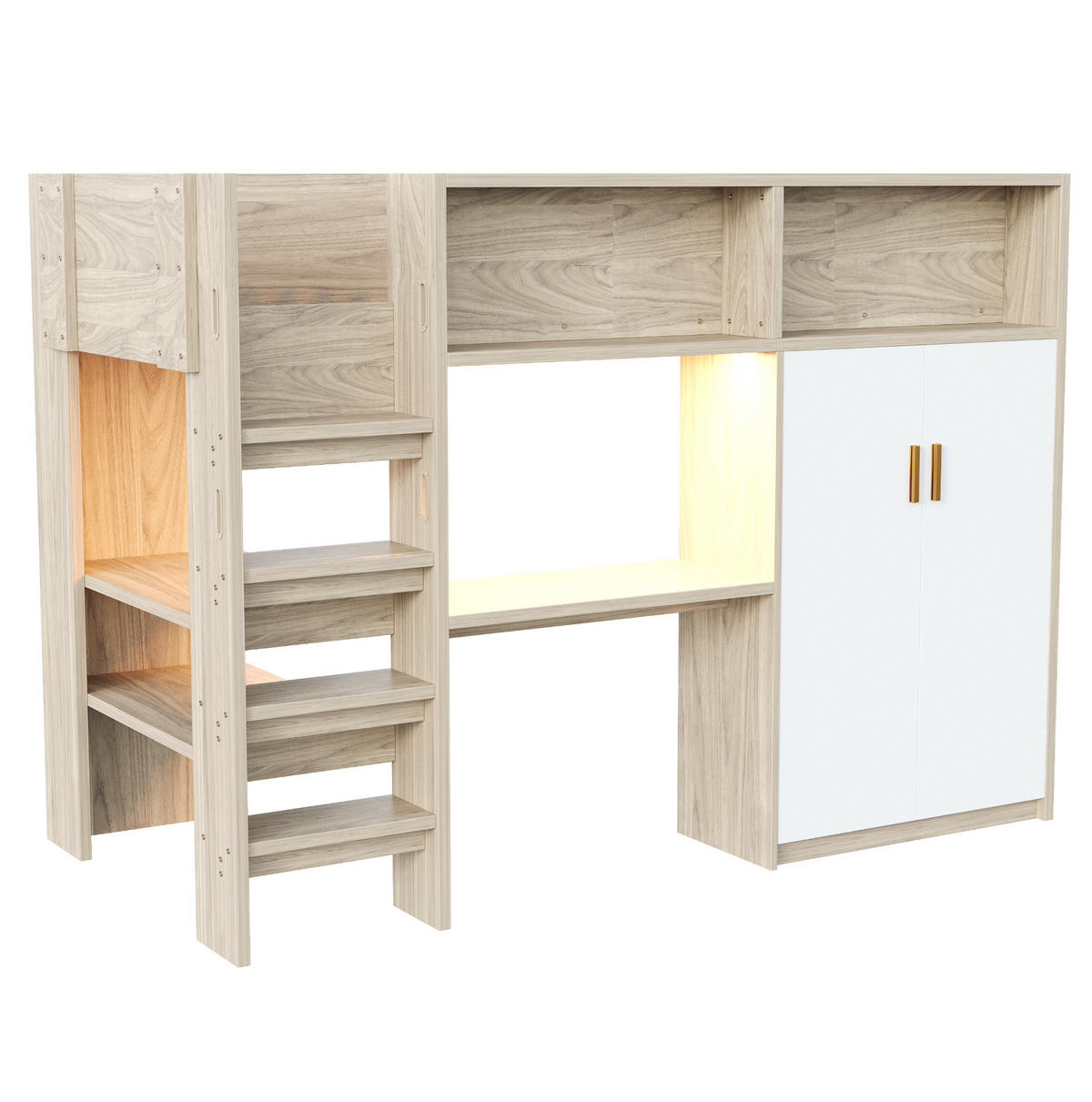 HOCHBETT aus MDF, Spanplatte und Sperrholz 90x200 cm Holzfarbe mit Schreibtisch, Kleiderschrank, Regal und LED-Beleuchtung - Naturfarben, Holzwerkstoff (90/200cm) - Modfu