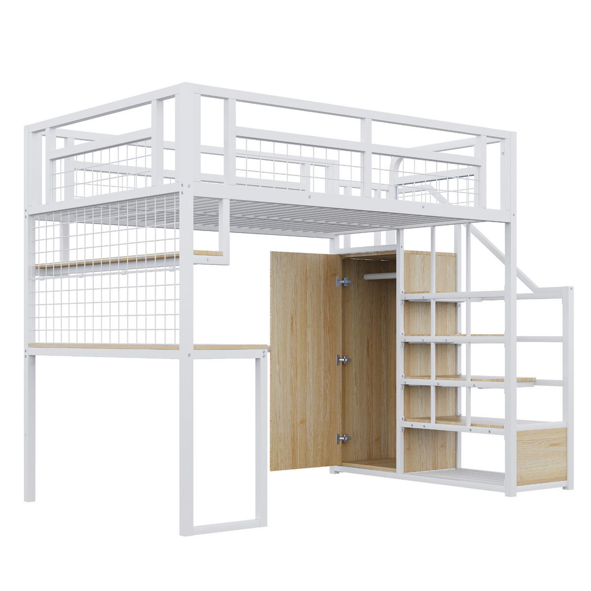 HOCHBETT 140/200 cm in Weiß mit Stauraumtreppe, Kleiderschrank, Tisch und LED - Weiß, Holz/Metall (140/200cm) - STILVORA