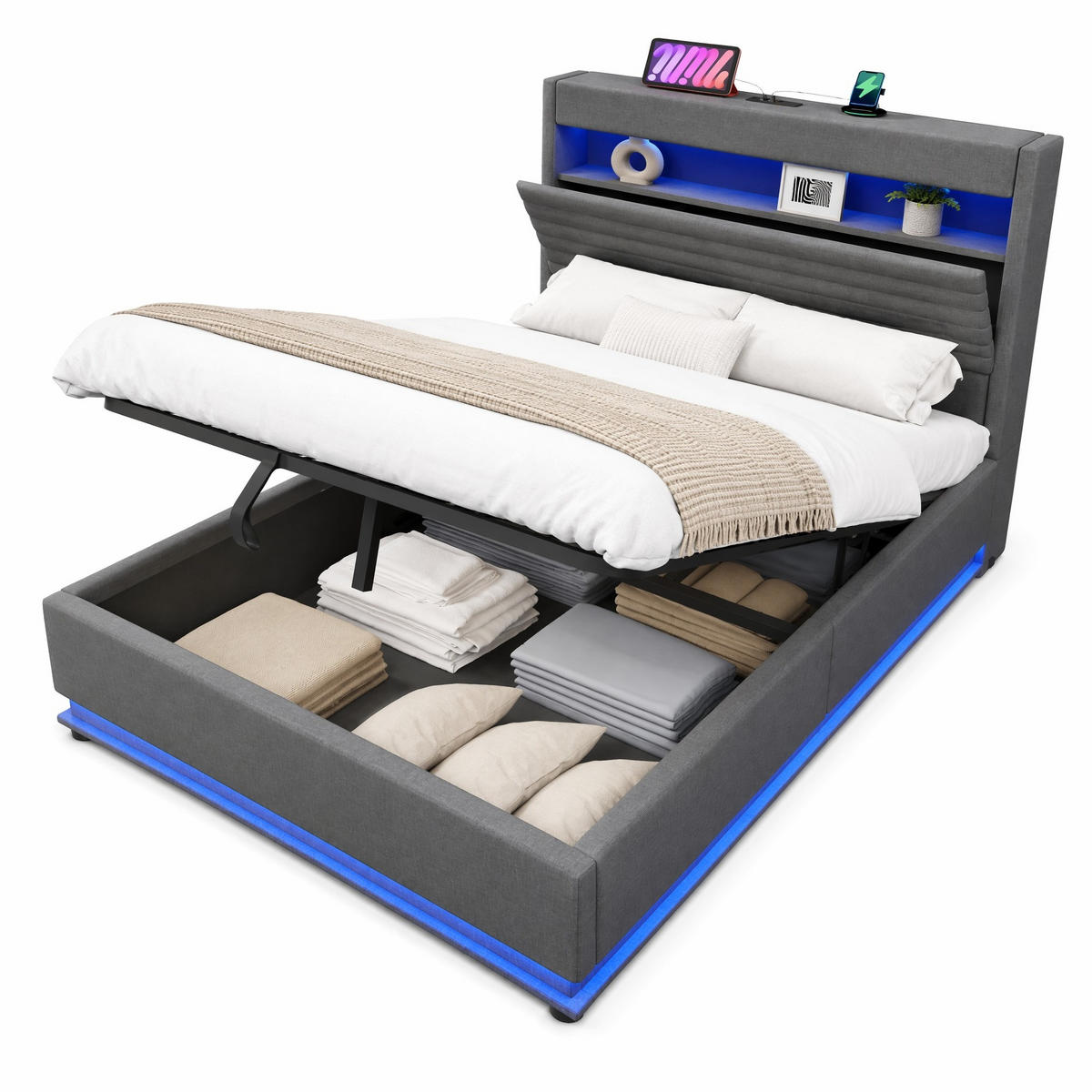 POLSTERBETT 140/200 cm in Grau mit Bettkasten, LED und USB-Type-C - Grau, Holzwerkstoff/Textil (140/200cm) - CHICFURN