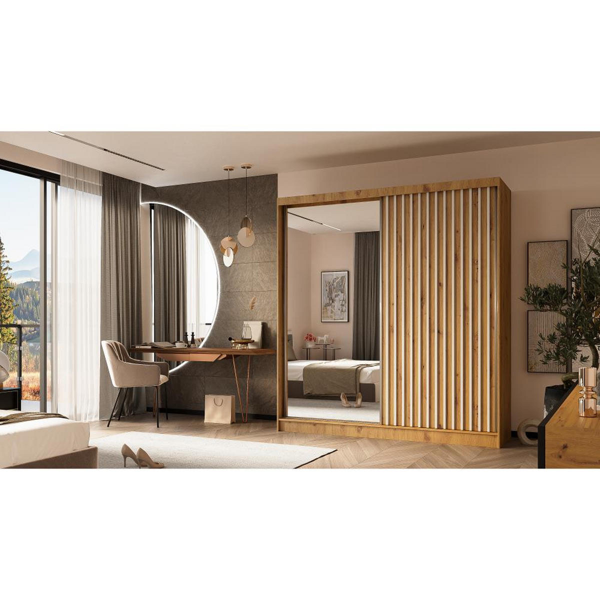 SCHWEBETÜRENSCHRANK Helix 200/216/61 eiche artisan+weiß - Eiche Artisan/Weiß, Holzwerkstoff (200/216/61cm) - Beautysofa