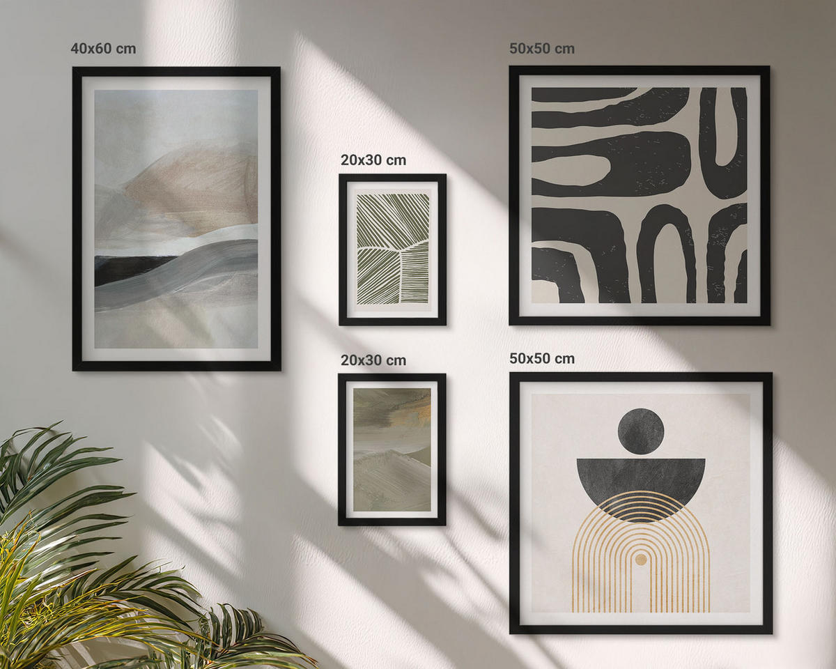 BILDER SET 5er Set - 50x50 cm & 20x30 cm & 40x60 cm Schwarzer Rahmen - Gemalte abstrakte Dekorationen - Schwarz, Kunststoff (40/60cm) - TULUP