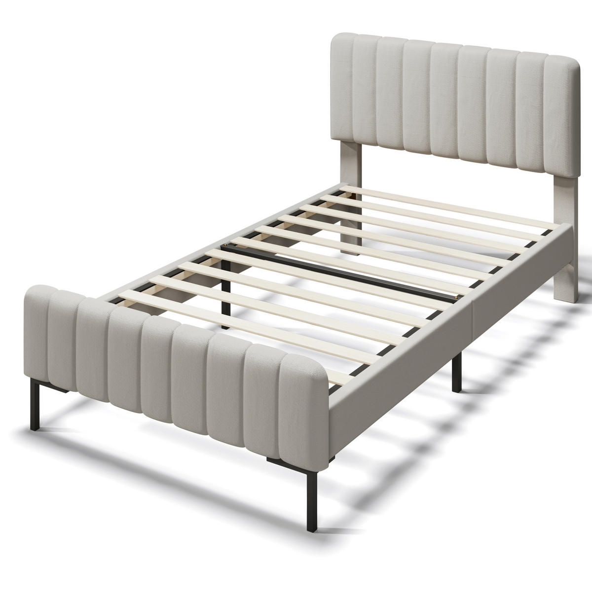 POLSTERBETT aus Leinen und Massivholz 90x200 cm Grau-Beige mit Matratze und verstellbarem Kopfteil - Beige, Textil (90/200cm) - IVMEU