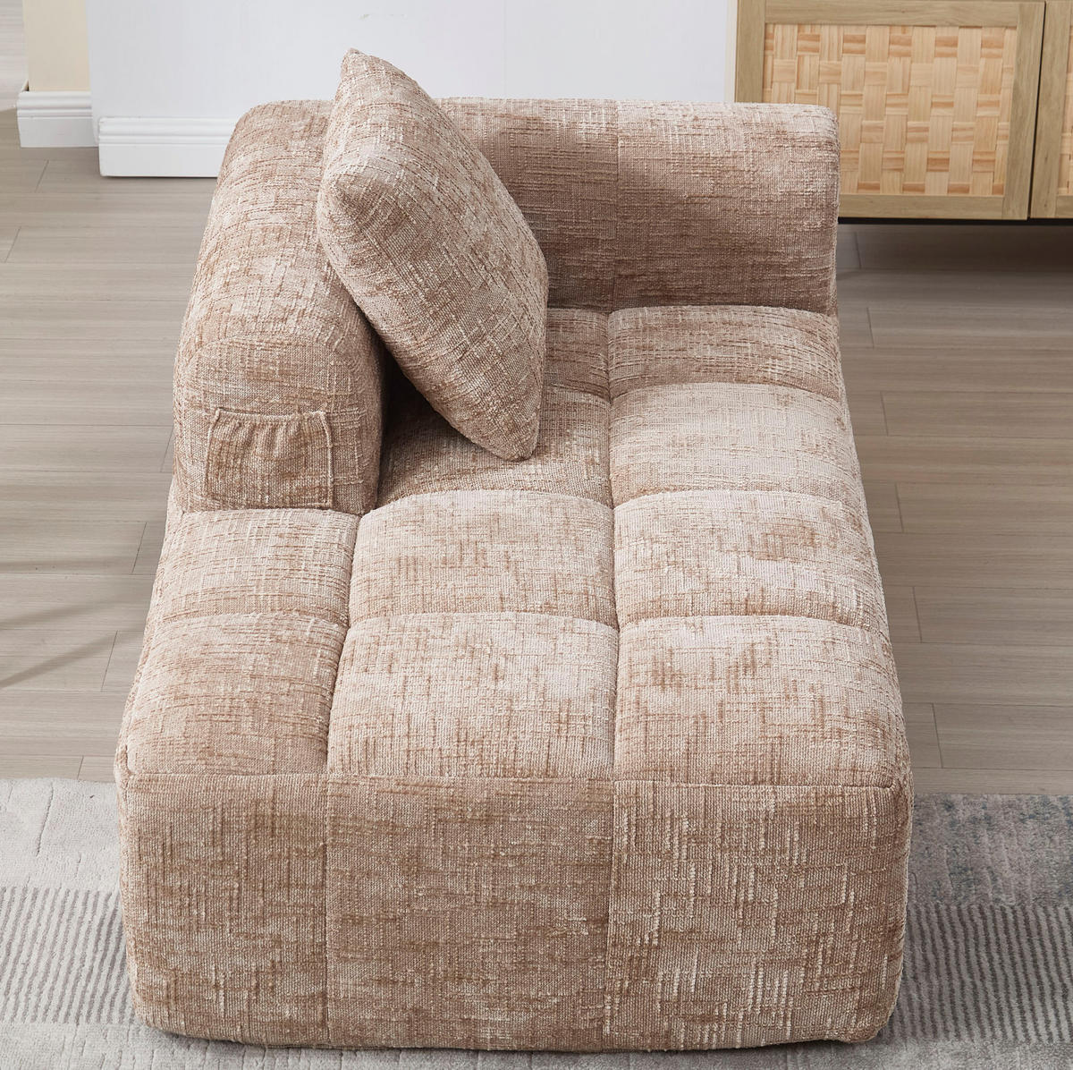 SOFA s ležaljkom, 158/90/60 cm, chenille kaki, s bočnim džepovima i jastukom - boje pijeska, tekstil (60/158/90cm) - BEAOK