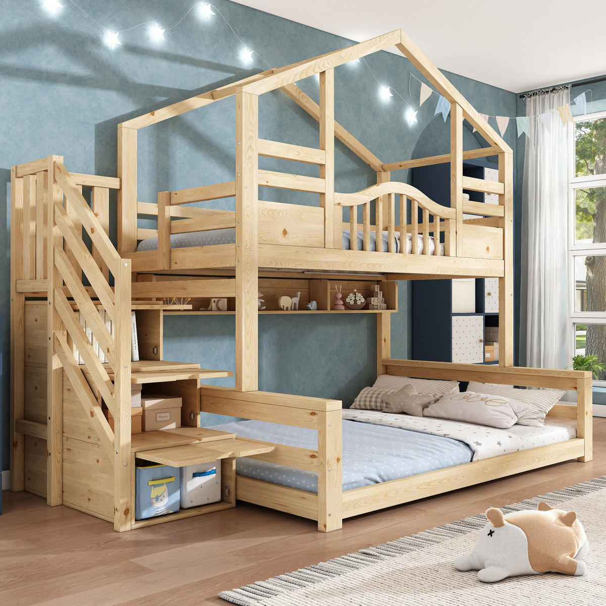 ETAGENBETT 90/140x200 cm Natur aus Kiefernholz mit Treppenschrank, Stauraum und Regalen - Beige, Holz (140/200cm) - Modfu
