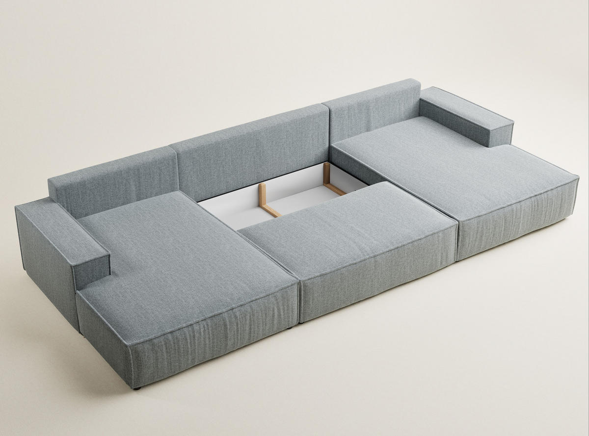 WOHNLANDSCHAFT Kyoto Blau grau Webstoff - Blaugrau/Schwarz, Holz/Holzwerkstoff (398/70/148cm) - Maison de Reve