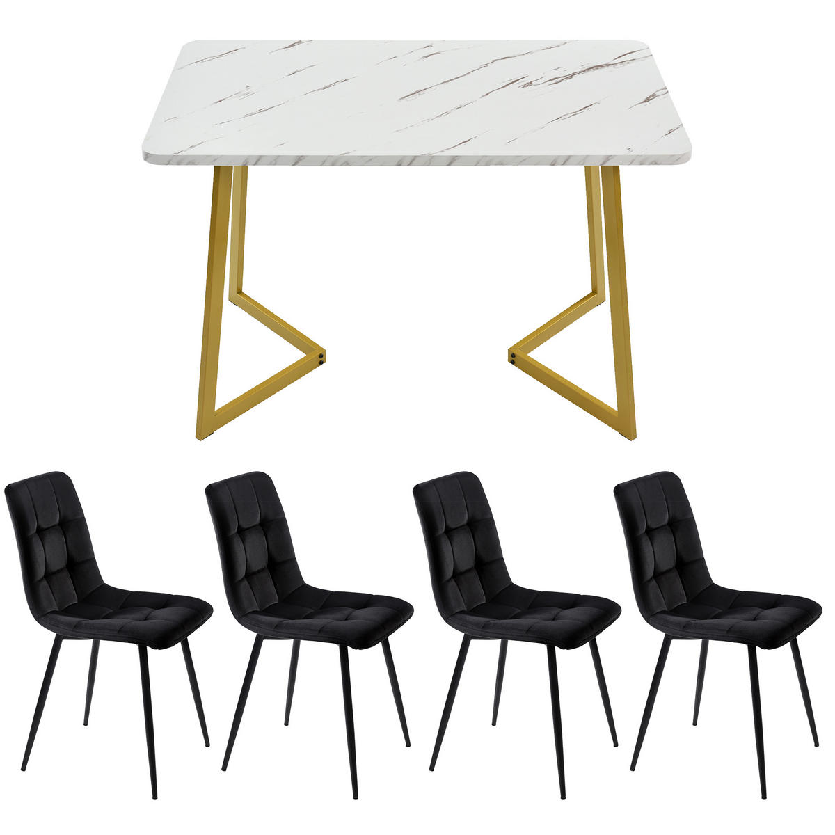 ESSTISCHSET 117 Cm Mit 4 Stühlen, Rechteckig, Schwarz Samt, Gold - Schwarz, Holzwerkstoff (117/75/68cm) - FLIEKS