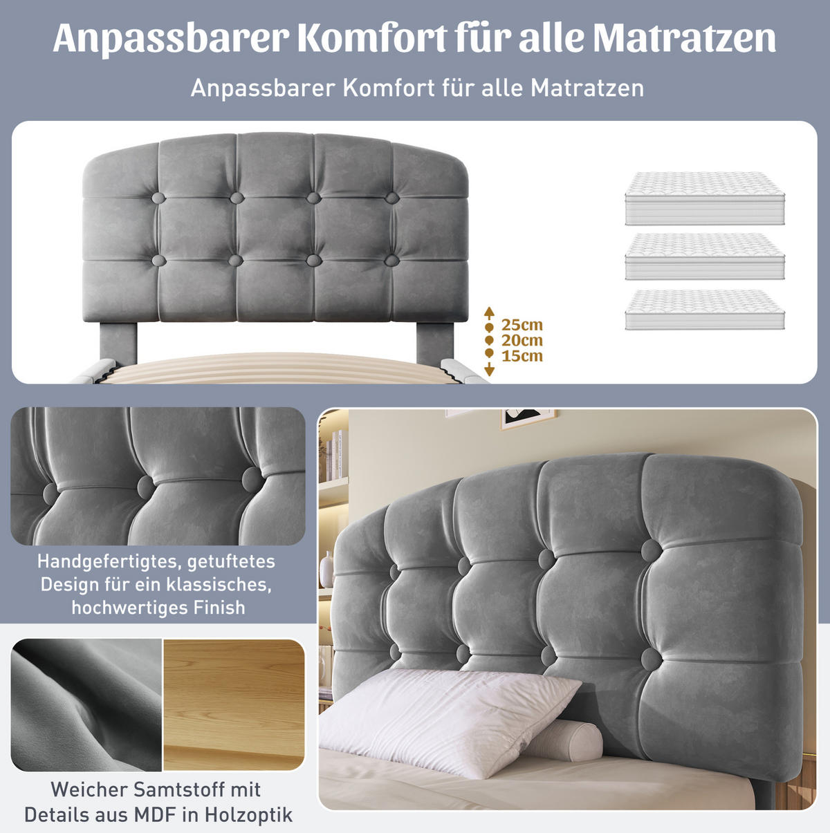 POLSTERBETT 90/200 cm mit höhenverstellbarem Kopfteil, Schubladen und Stauraum, Grau - Grau, Textil (90/200cm) - Redom