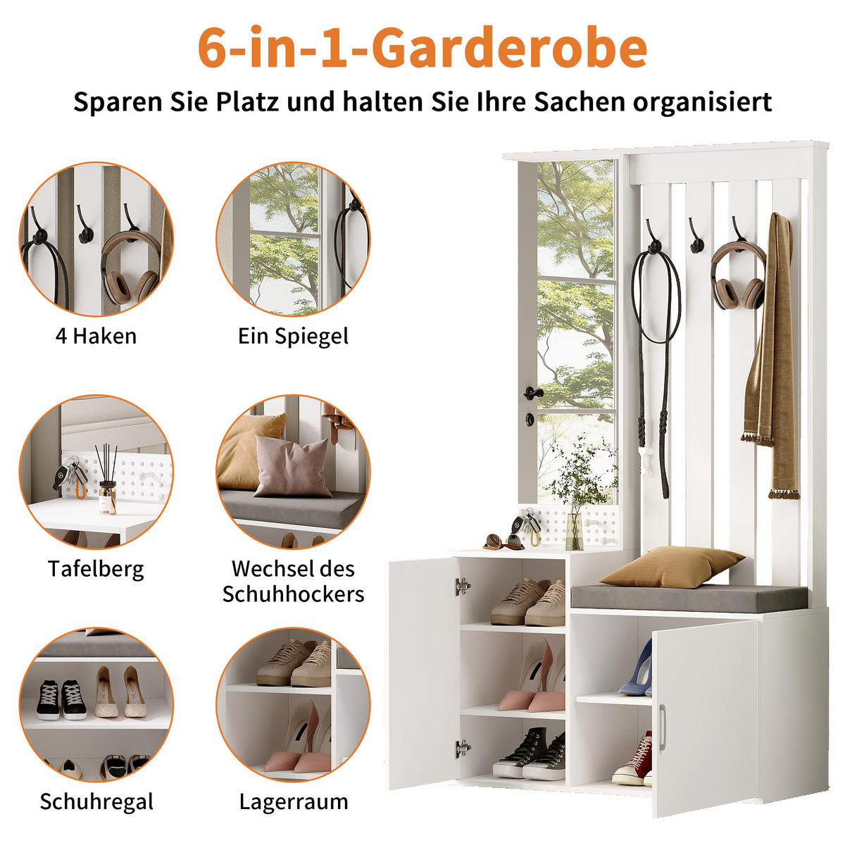 GARDEROBE 6-in-1 Weiß mit Spiegel, Sitzbank und Schuhschrank für den Flur - Weiß, Holzwerkstoff (40/180/100cm) - SHOPENTRA