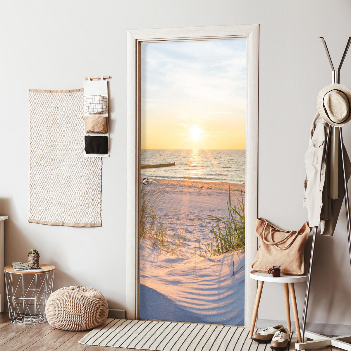 TÜRAUFKLEBER Strand - Sonne - Düne - Gras - Sand - Horizont 80x215 cm - Türtapete - Dunkelgelb, Kunststoff (80/0.1cm) - MuchoWow