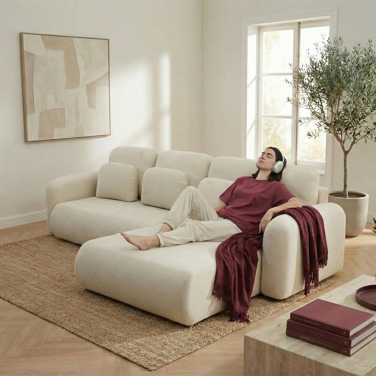 ECKSOFA NEST Universal mit Liegeflache 157x240 cm - Beige/Schwarz, Holz/Textil (280/187cm) - Muffo