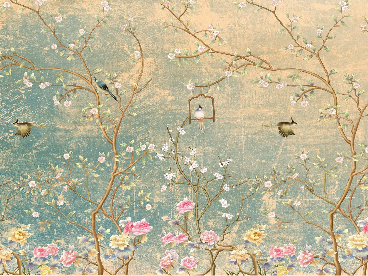 FOTOTAPETE Blumen und Vögel 350 x 270 cm - Grün, Papier (350/270cm) - Sanders & Sanders